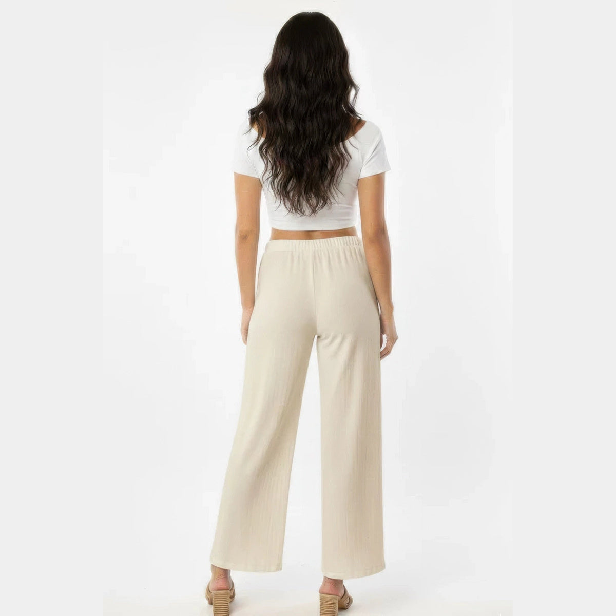 Cotton Wide-Leg Pants in sand taupe, back view