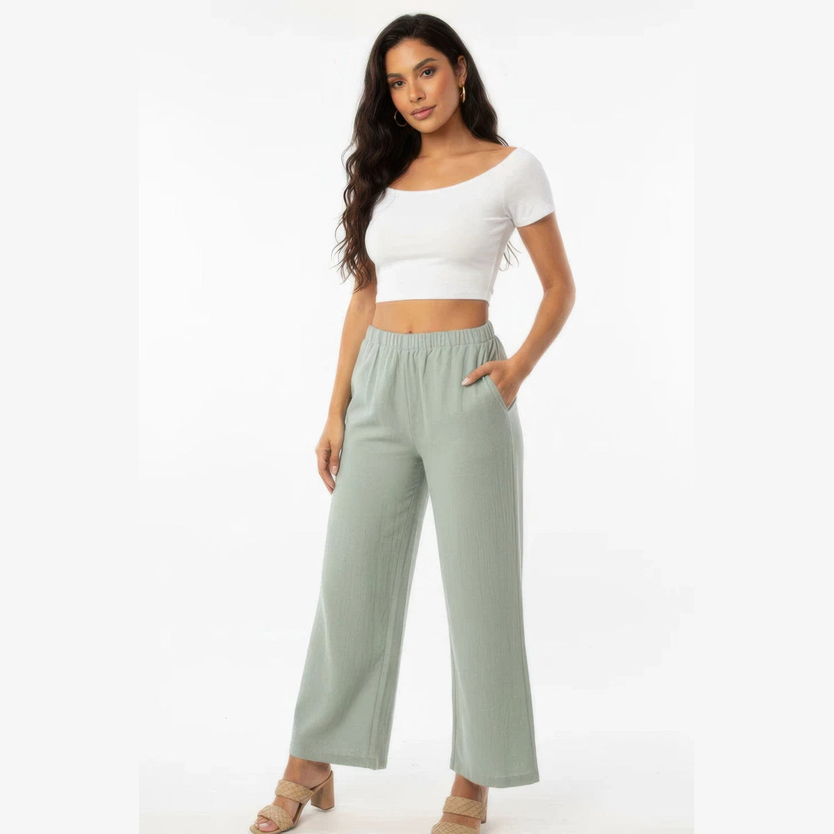 Cotton Wide-Leg Pants in sage haze, front view