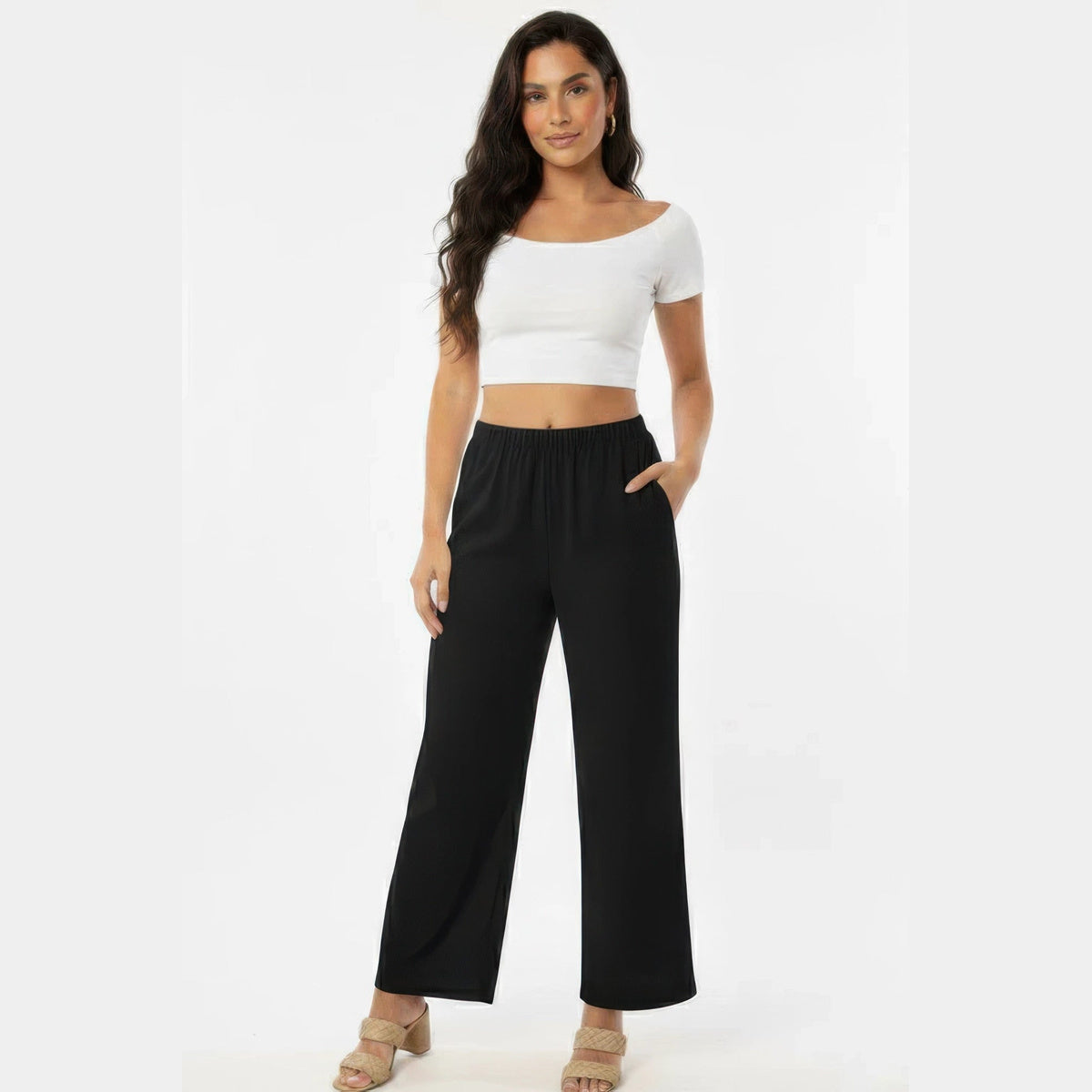 Cotton Wide-Leg Pants in black, front view