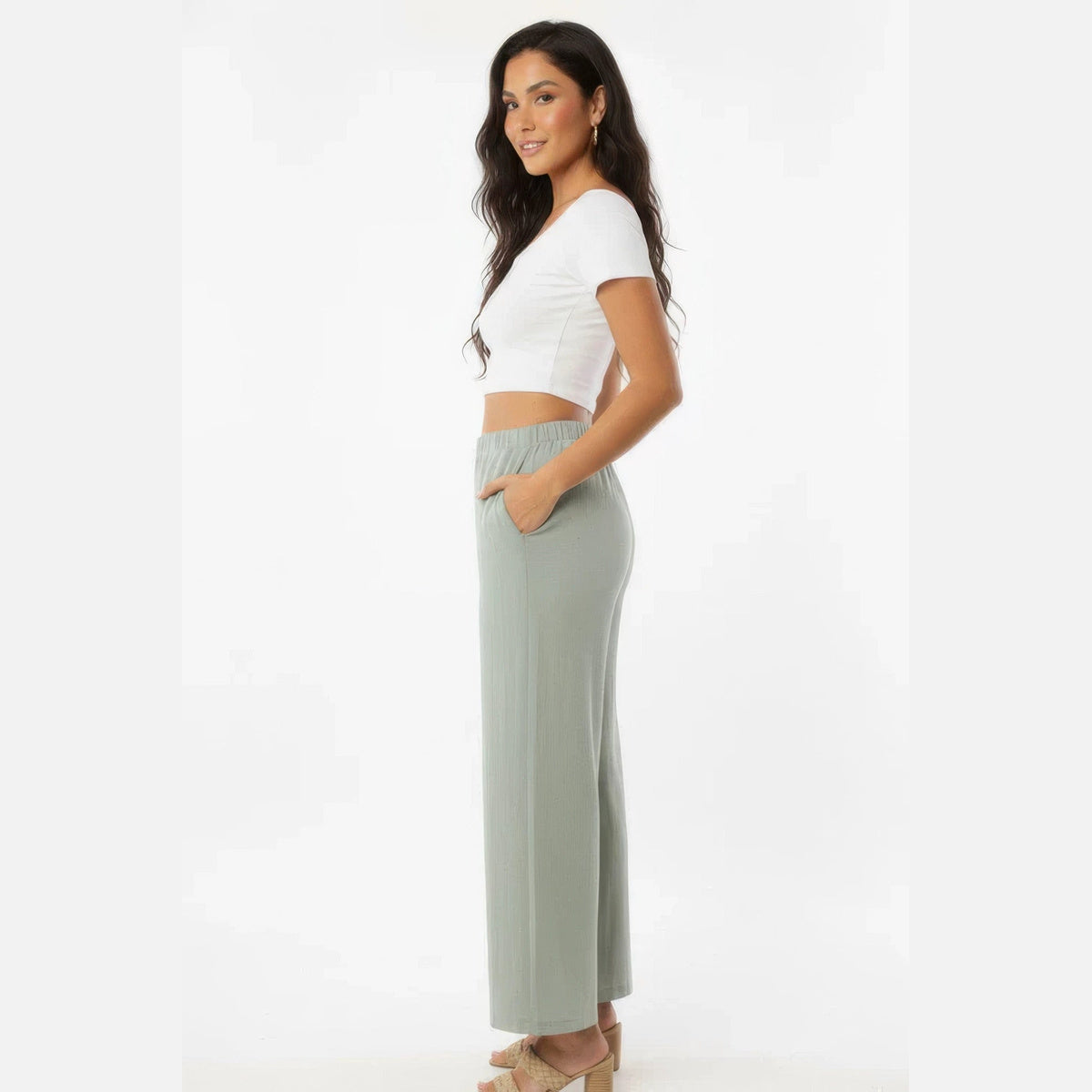 Cotton Wide-Leg Pants in sage haze, side view