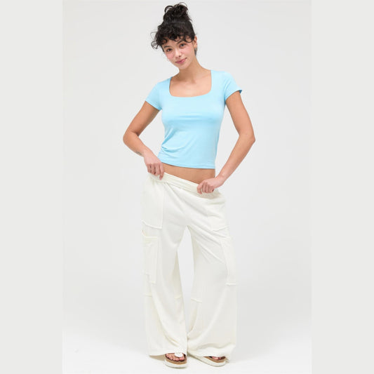 Mineral-Wash Wide-Leg Cargo Pants in cream, full outfit