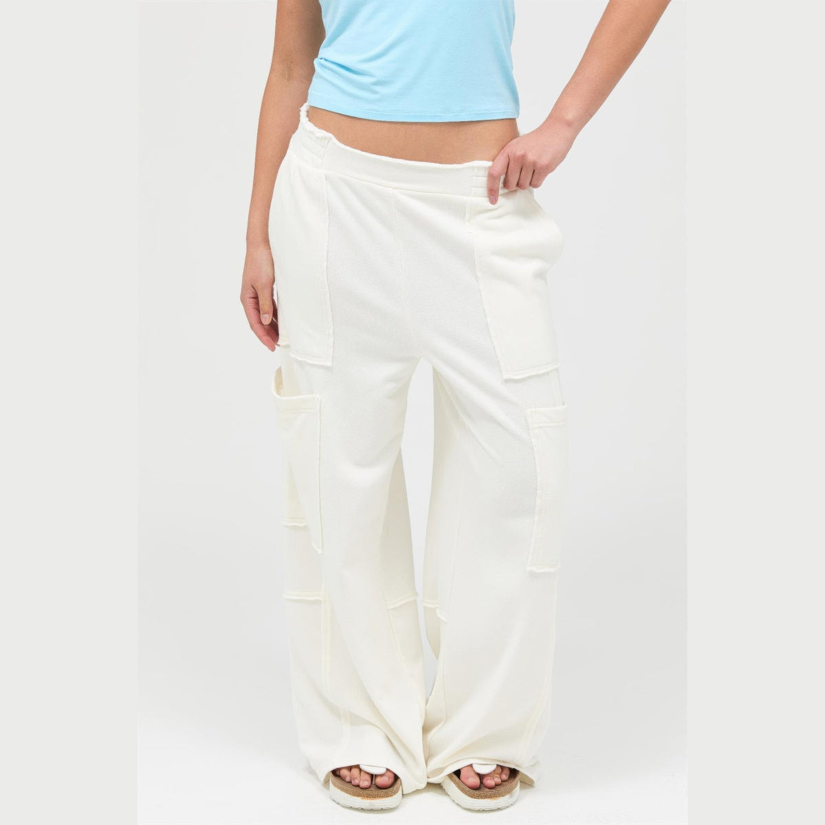 Mineral-Wash Wide-Leg Cargo Pants in cream, front view