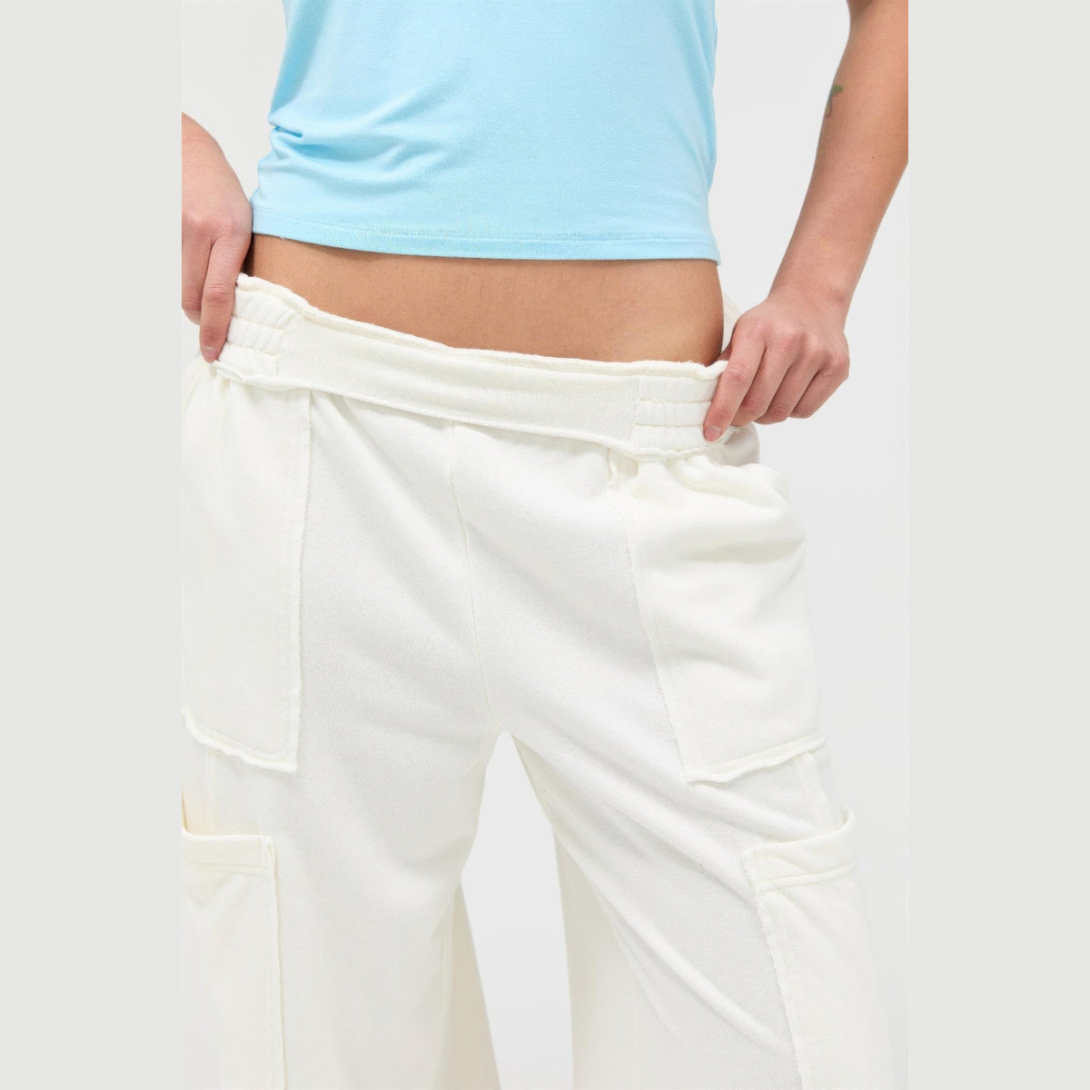 Mineral-Wash Wide-Leg Cargo Pants in cream, elastic waistband detail