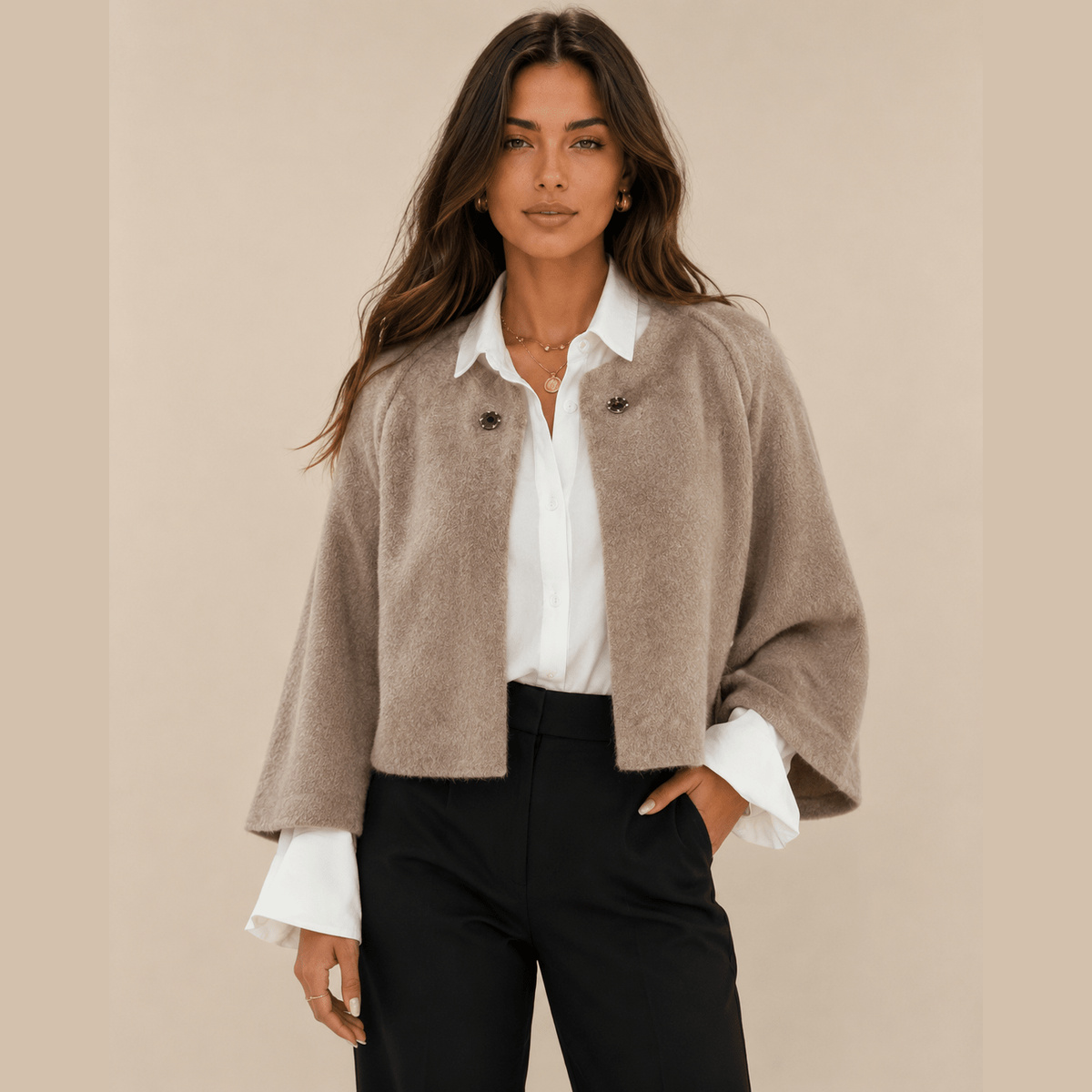 Cropped Batwing Cardigan in khaki, front view on a model