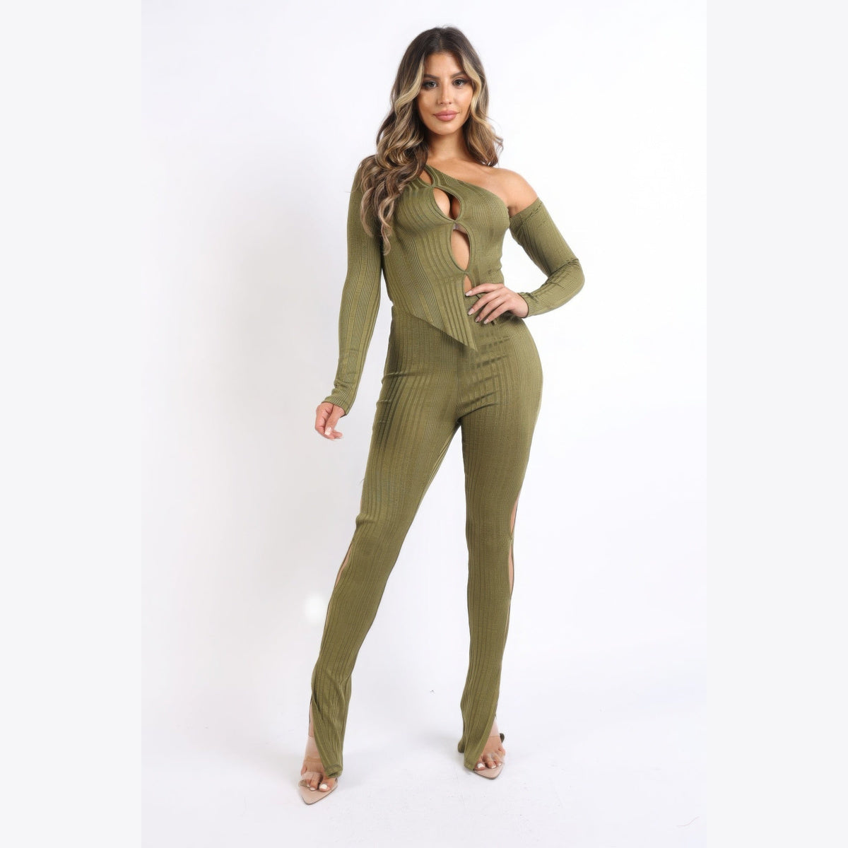 Cutout Ribbed Two-Piece Set in olive, front view on a model