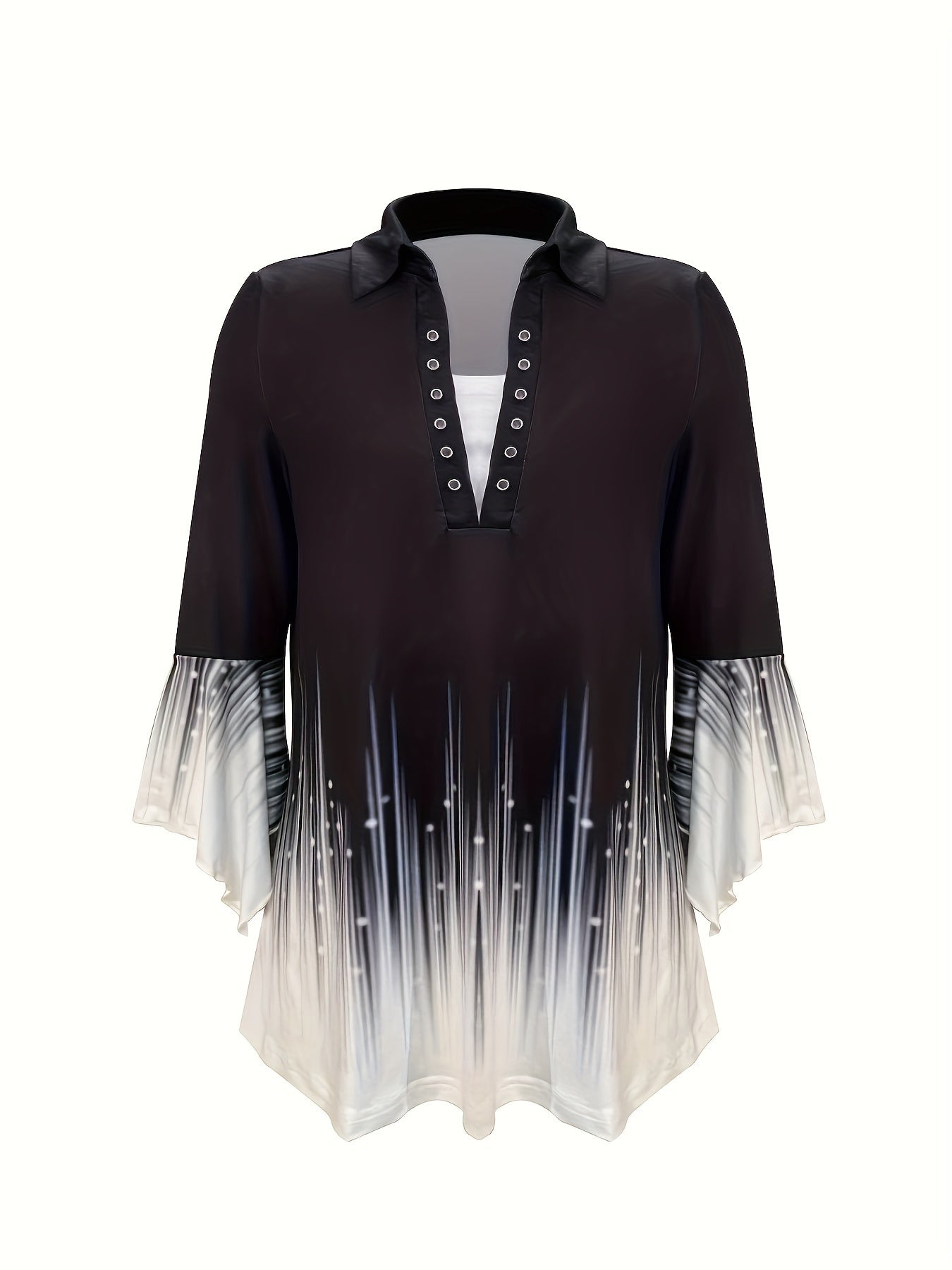 Printed Lapel Three-Quarter Sleeve Top - Irregular Cuff Button Detail