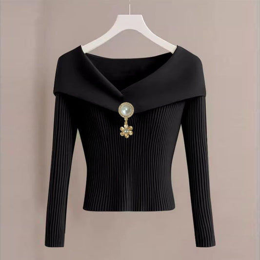 French Style V-Neck Knit Blouse - Embellished Long Sleeve Top