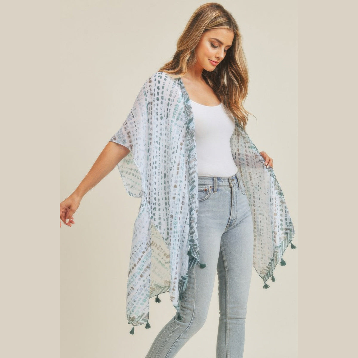 Dash-Print Tassel Kimono Layer in mint and taupe, open-front drape