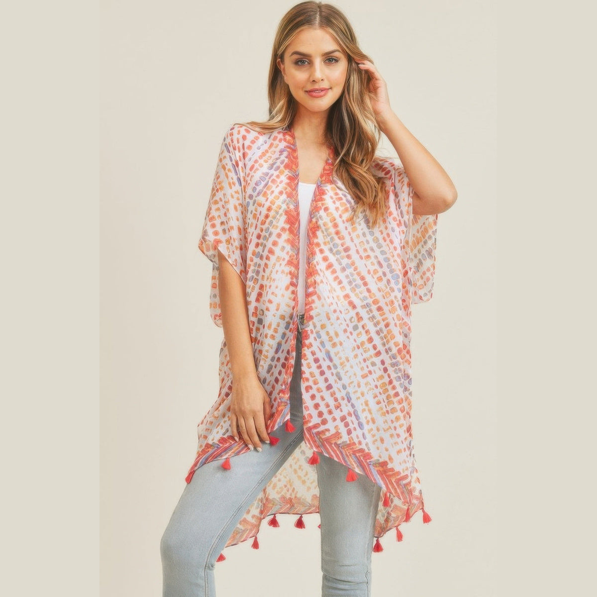 Dash-Print Tassel Kimono Layer in red and blue, front view