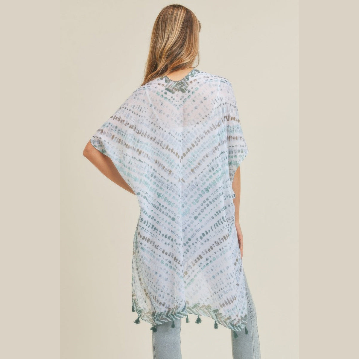 Dash-Print Tassel Kimono Layer in mint and taupe, back view
