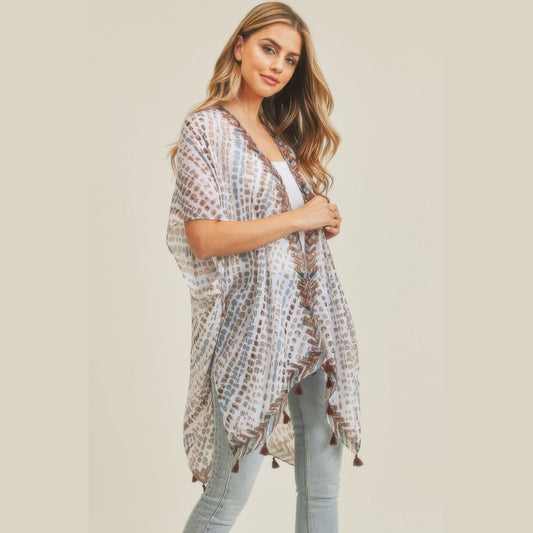 Dash-Print Tassel Kimono Layer in brown and mint, tassel and sleeve detail