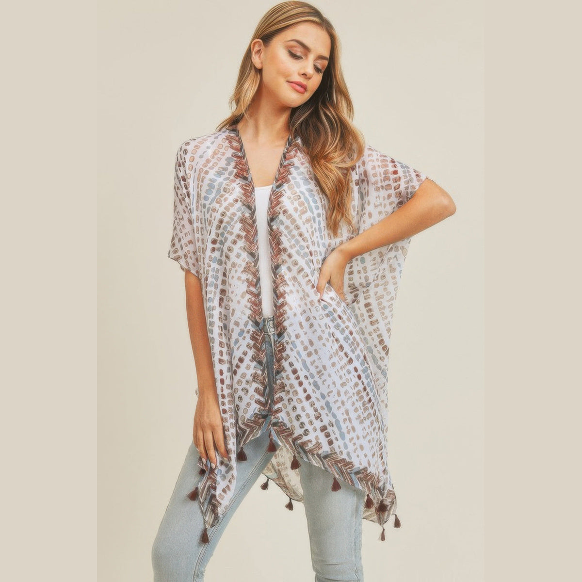 Dash-Print Tassel Kimono Layer in brown and mint, open-front drape