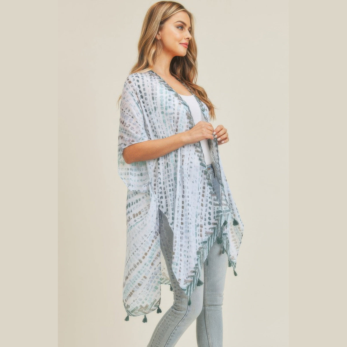 Dash-Print Tassel Kimono Layer in mint and taupe, tassel and sleeve detail