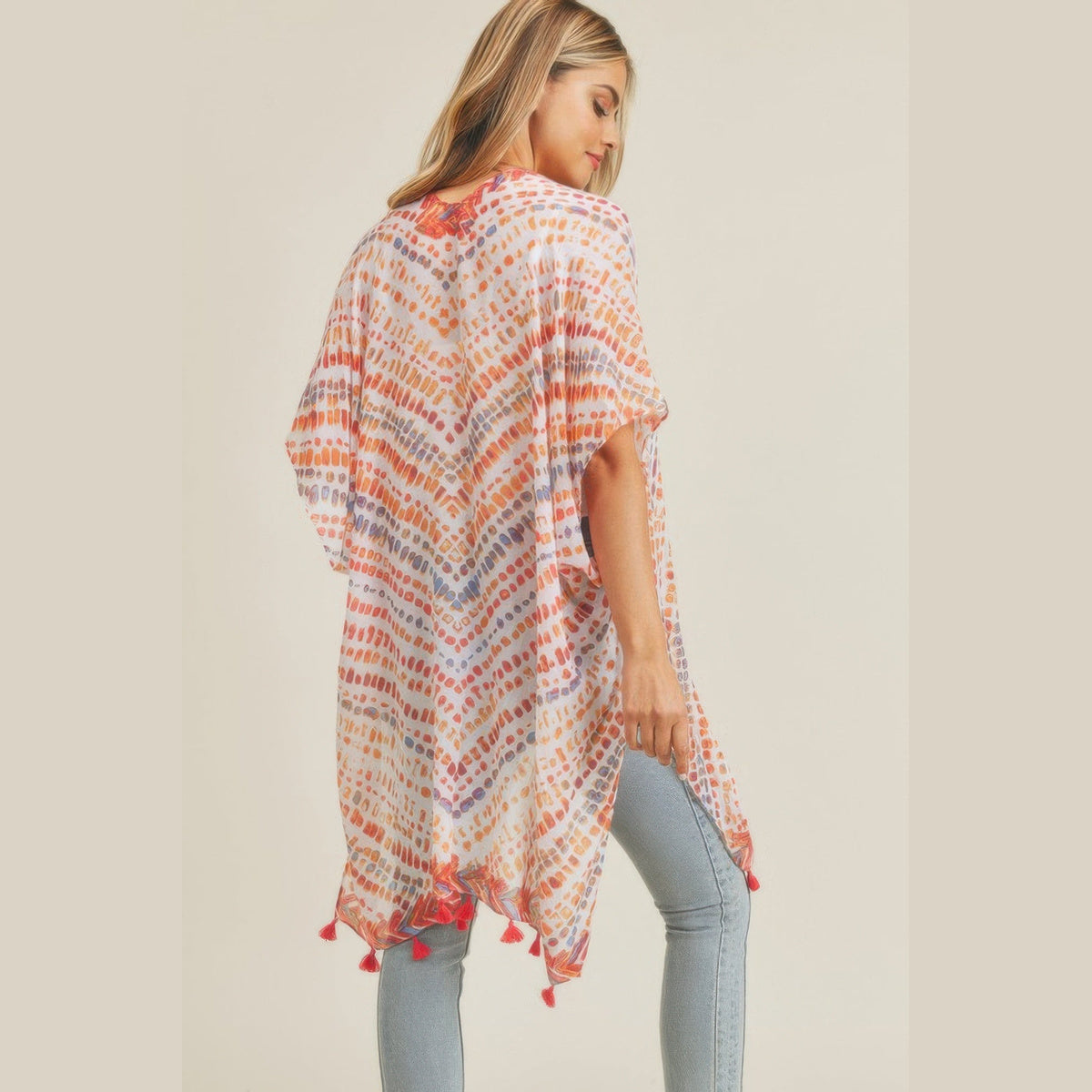 Dash-Print Tassel Kimono Layer in red and blue, back view