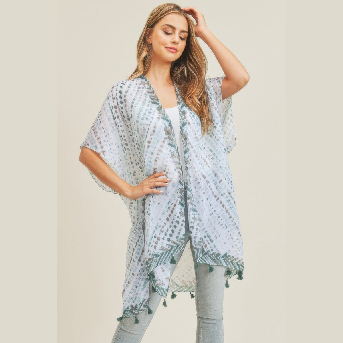 Dash-Print Tassel Kimono Layer in mint and taupe, front view