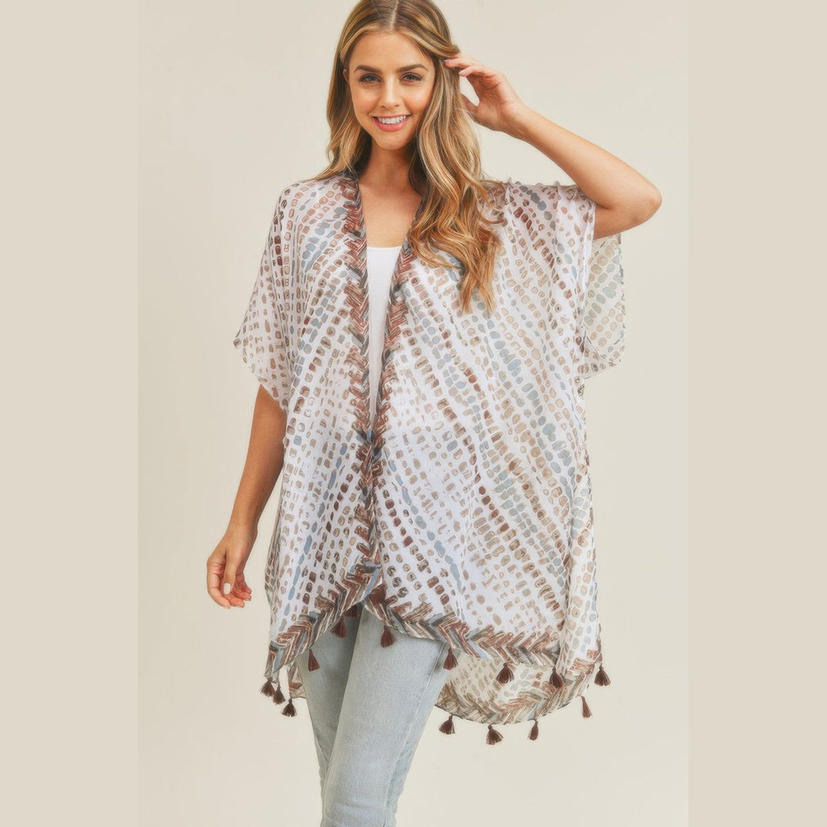 Dash-Print Tassel Kimono Layer in brown and mint, front view