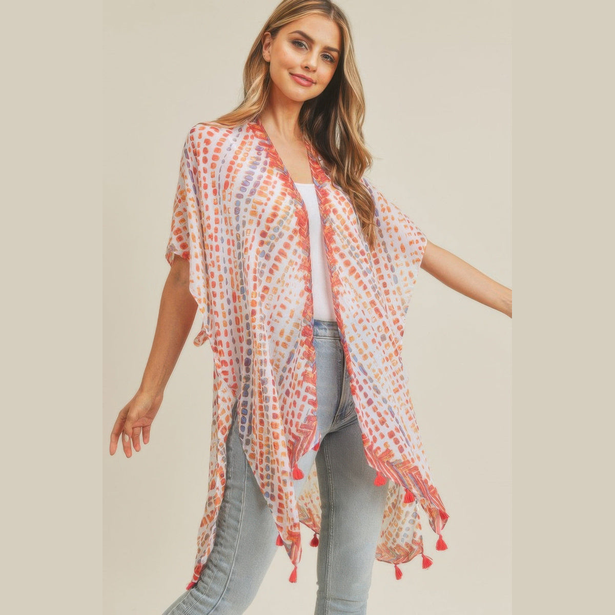 Dash-Print Tassel Kimono Layer in red and blue, open-front drape