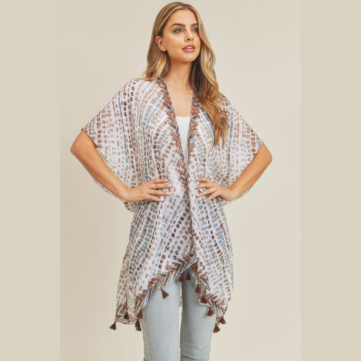 Dash-Print Tassel Kimono Layer in brown and mint, back view