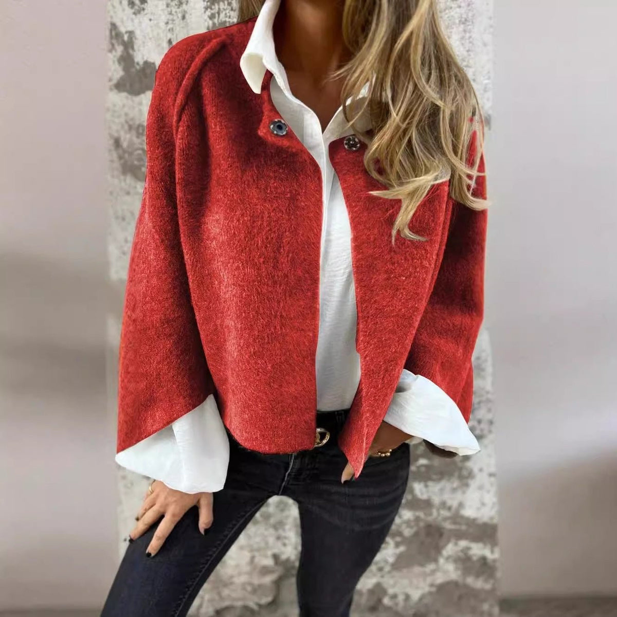 Cropped Batwing Cardigan in brick red, front view on a model