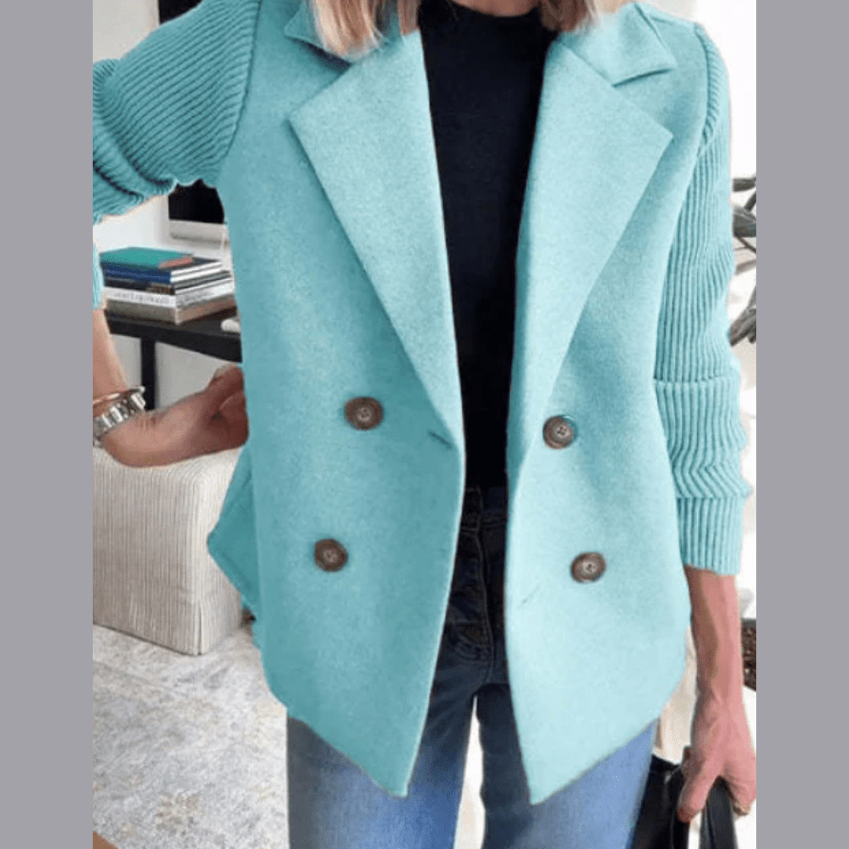 Double-Breasted Knit-Sleeve Jacket in light blue, front view on a model