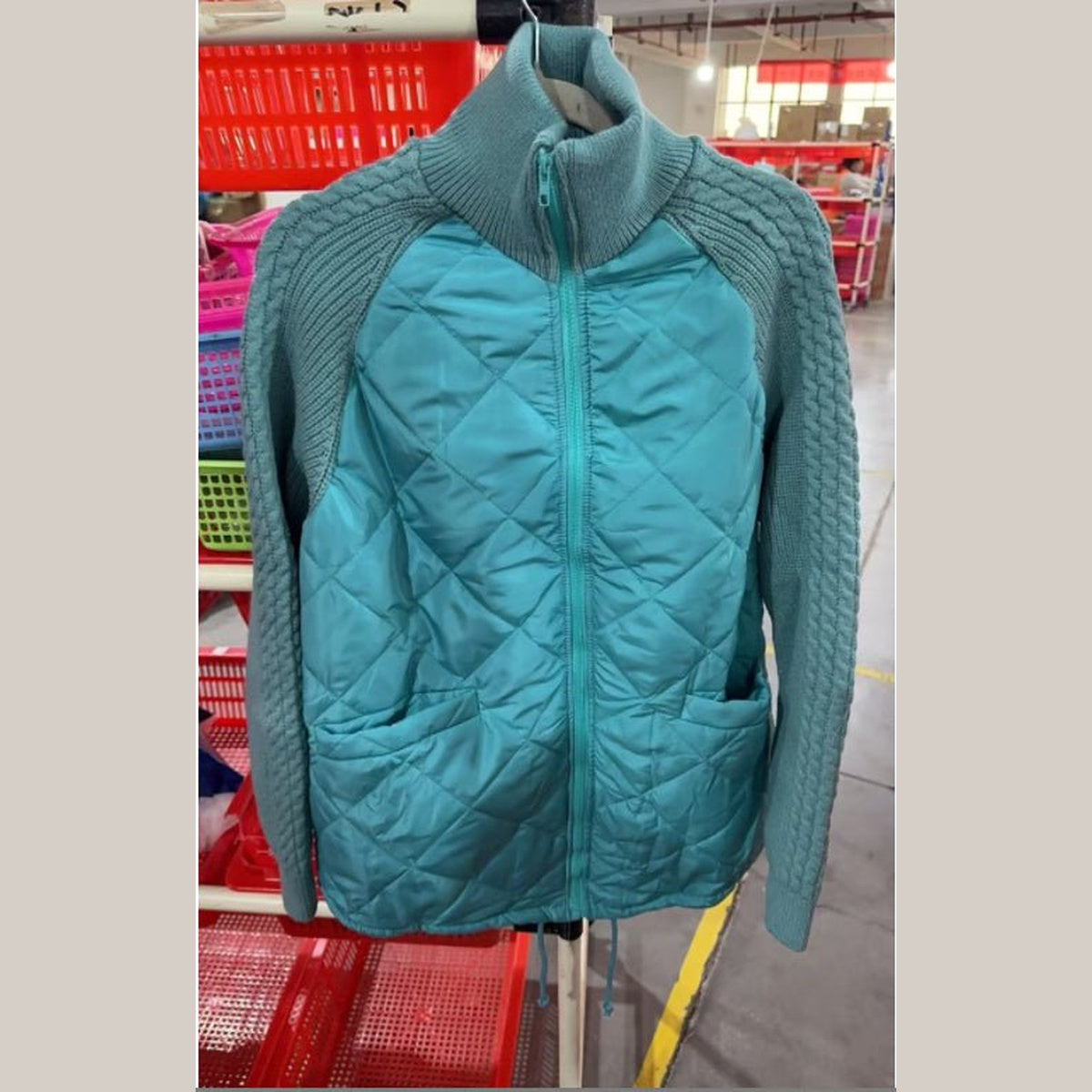 Quilted Knit-Sleeve Funnel Jacket in lake blue, front view on a model