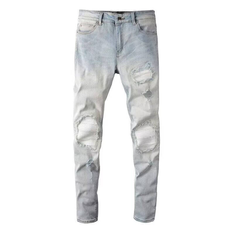 Distressed Patch Denim Jeans - Men's Slim Fit Korean Style – Minimal Elegance | The Simple Co – Men’s Bottoms, minimalist style, quiet luxury aesthetic, modern essential – The Simple Co.