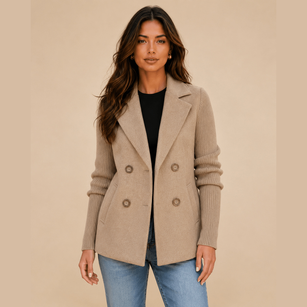 Double-Breasted Knit-Sleeve Jacket in khaki, front view on a model