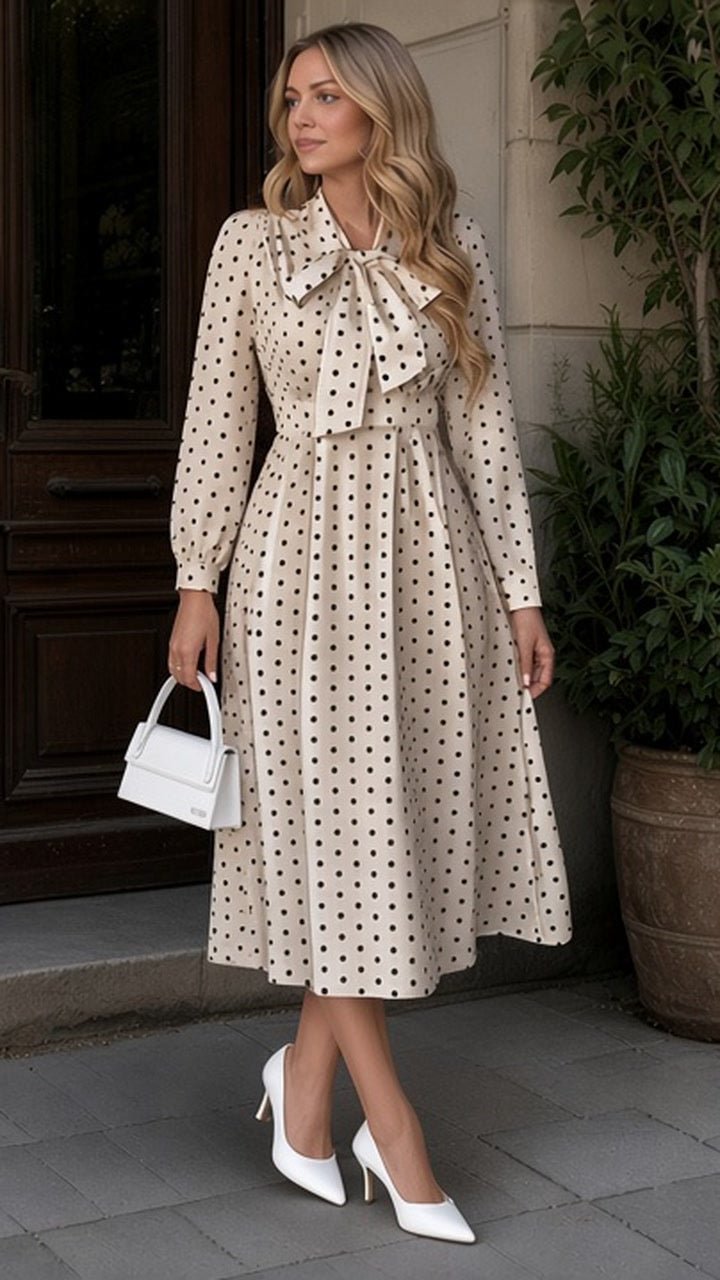 Polka Dot Bow-Tie Neck Long Sleeve A-Line Dress