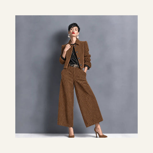 Corduroy Cropped Jacket & Wide-Leg Pant Set in caramel, front view on a model