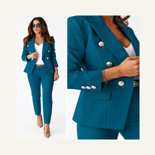 Tailored Two-Piece Blazer & Trouser Set in peacock blue, full outfit and blazer button detail