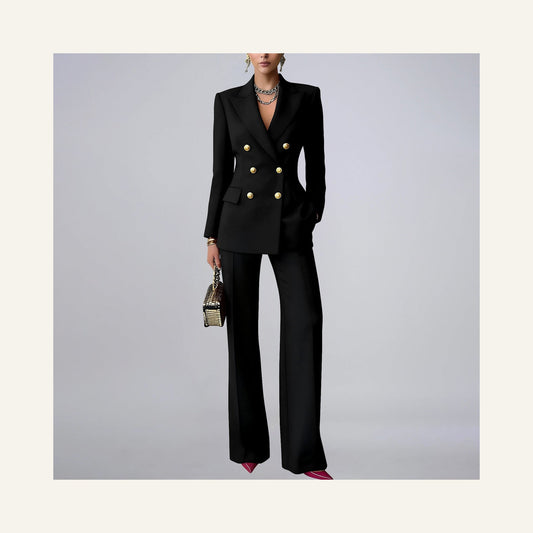 Notched-Lapel Blazer & Trouser Set in black, front view on a model