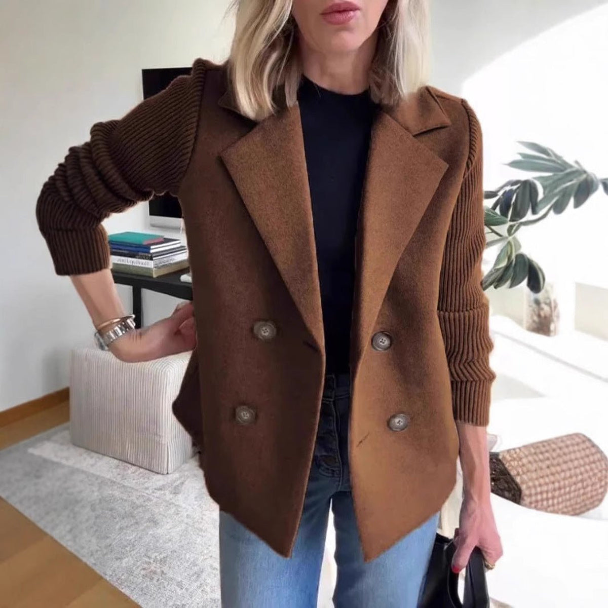 Double-Breasted Knit-Sleeve Jacket in dark brown, front view on a model