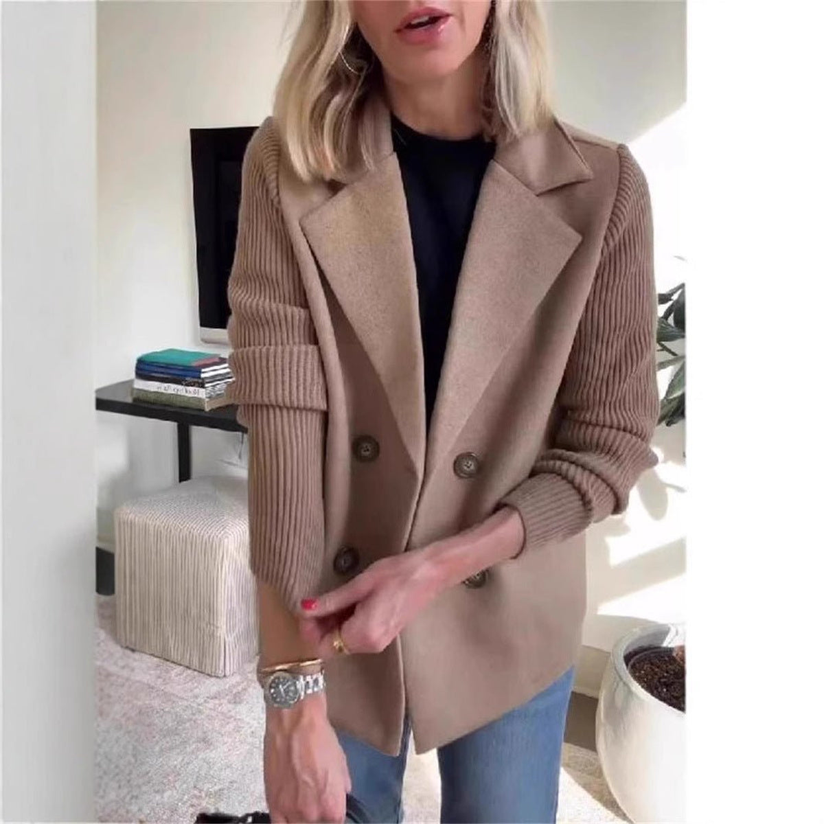 Double-Breasted Knit-Sleeve Jacket in brown, front view on a model