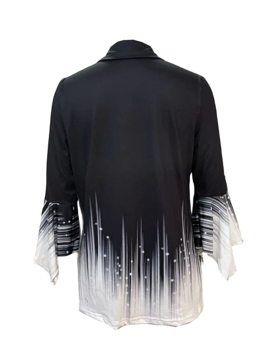 Printed Lapel Three-Quarter Sleeve Top - Irregular Cuff Button Detail