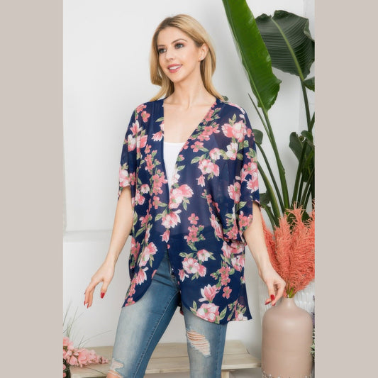 Floral Open-Front Kimono Layer in navy, open-front drape