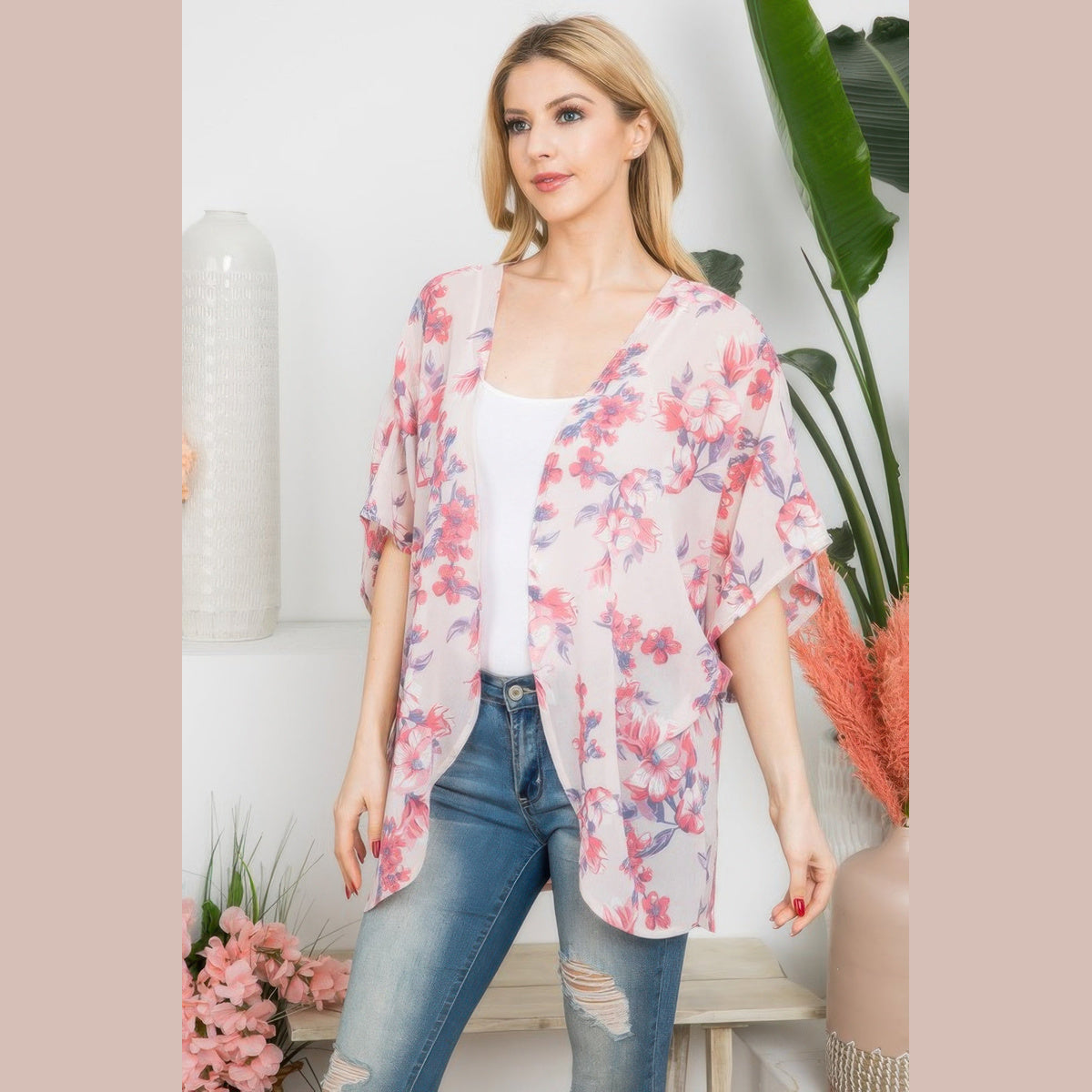 Floral Open-Front Kimono Layer in pink, front view