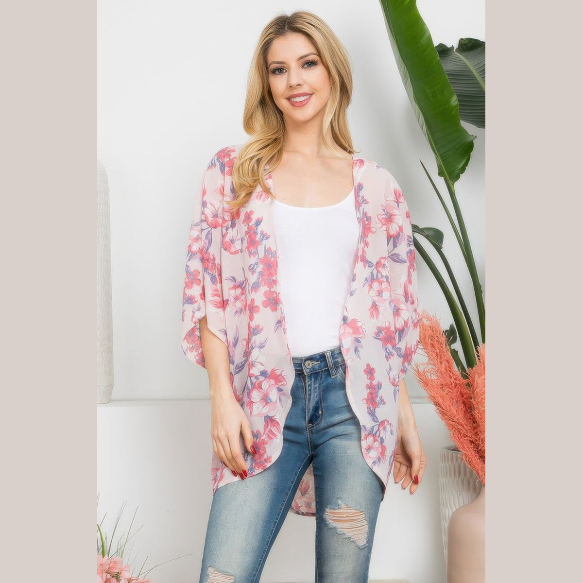 Floral Open-Front Kimono Layer in pink, open-front drape