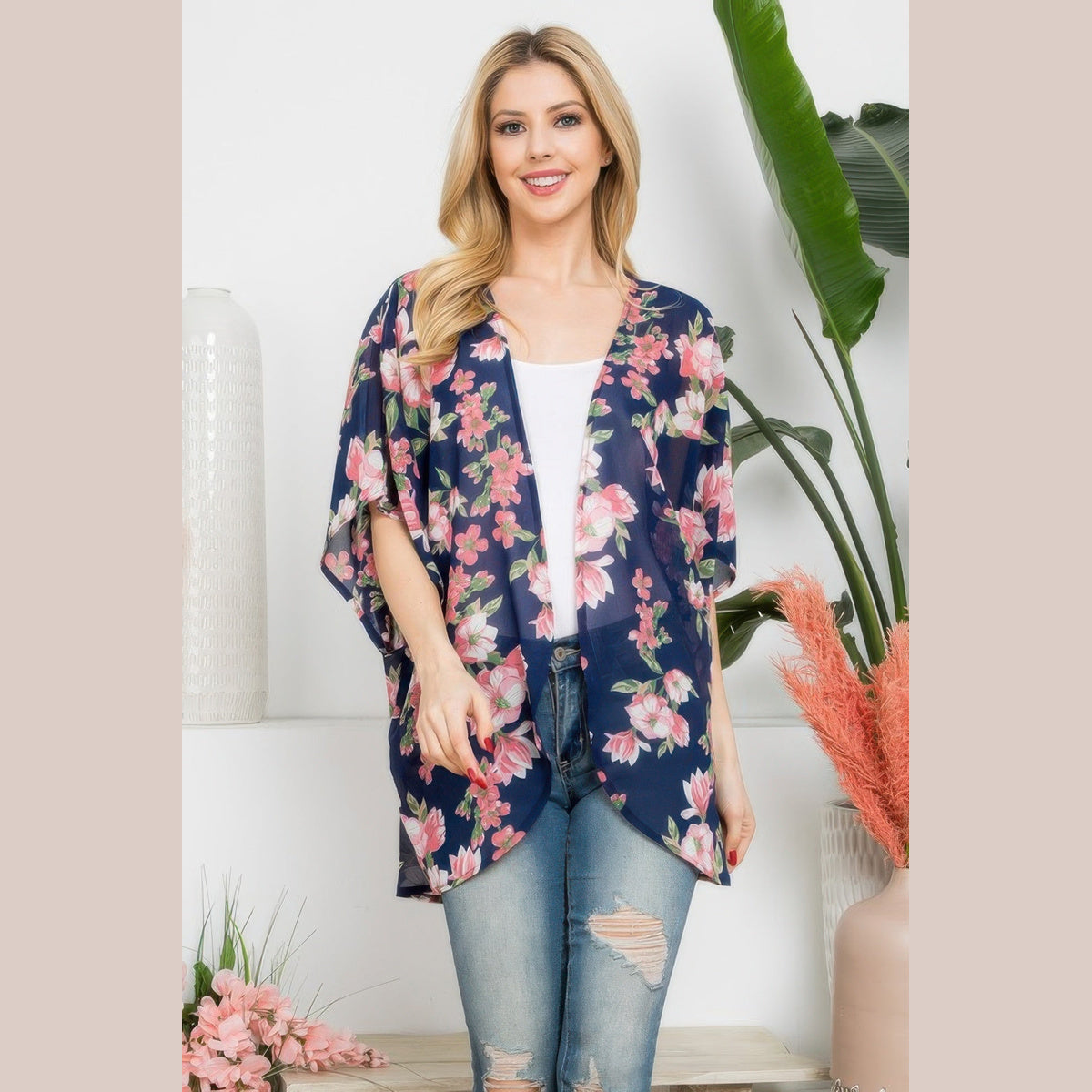 Floral Open-Front Kimono Layer in navy, front view