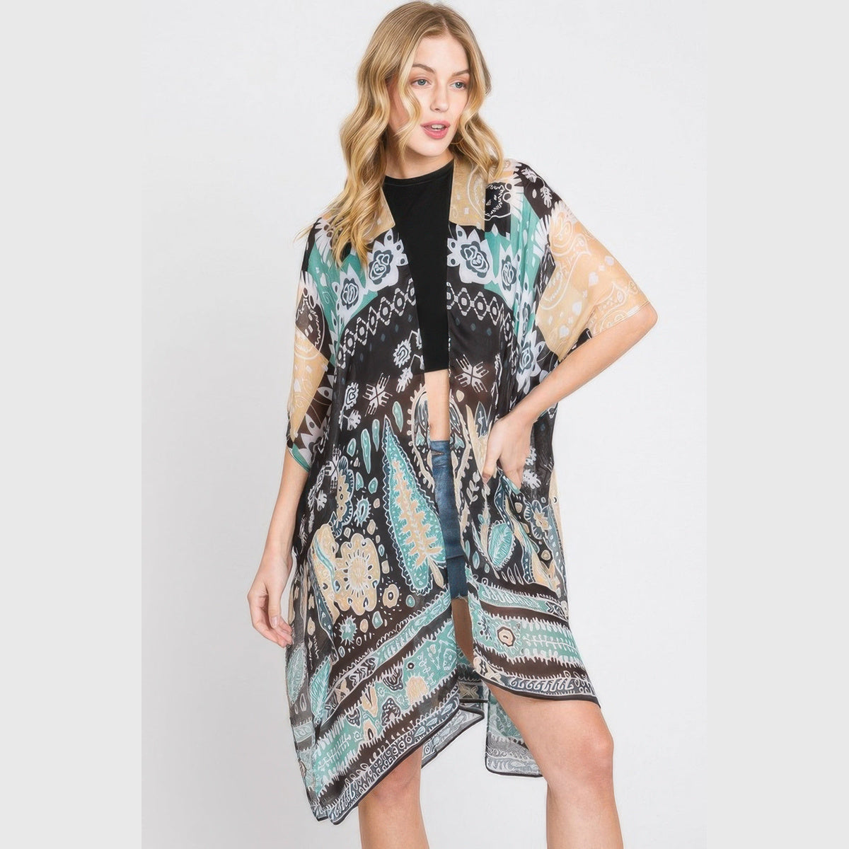 Geometric-Print Open-Front Kimono Layer in green, front view