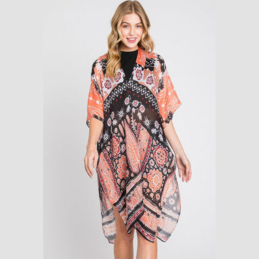 Geometric-Print Open-Front Kimono Layer in orange, front view