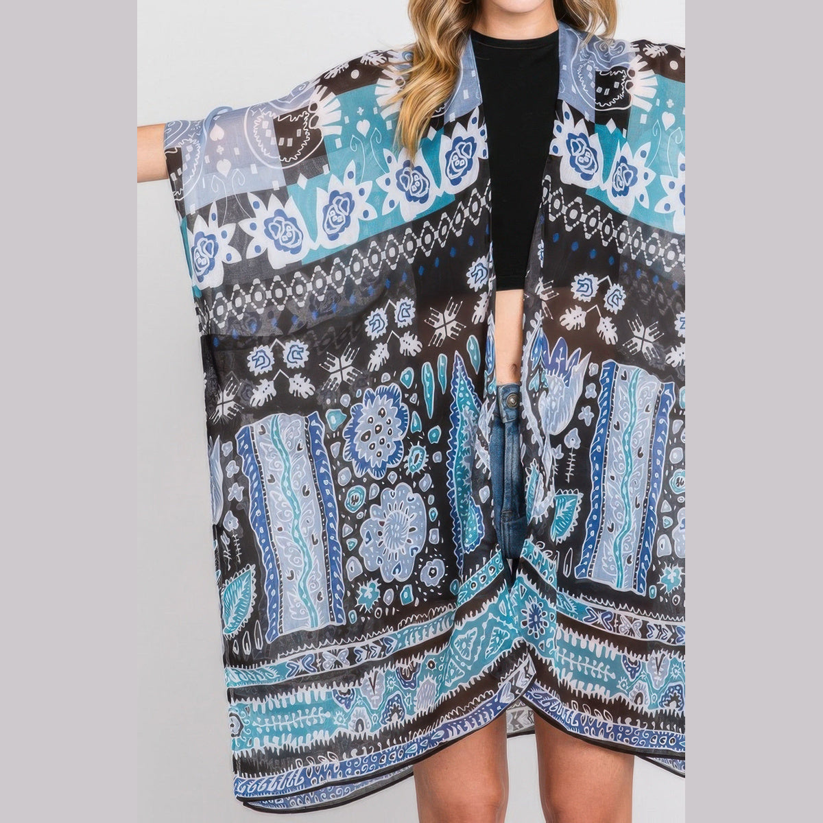 Geometric-Print Open-Front Kimono Layer in teal, geometric print detail
