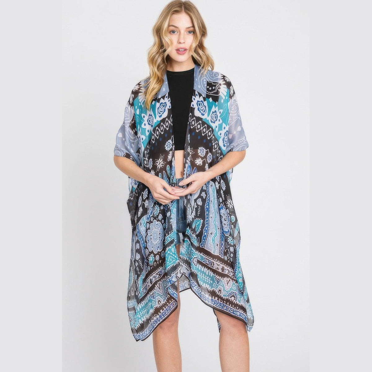Geometric-Print Open-Front Kimono Layer in teal, front view