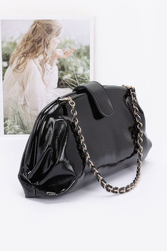 Glossy frame shoulder handbag detail view