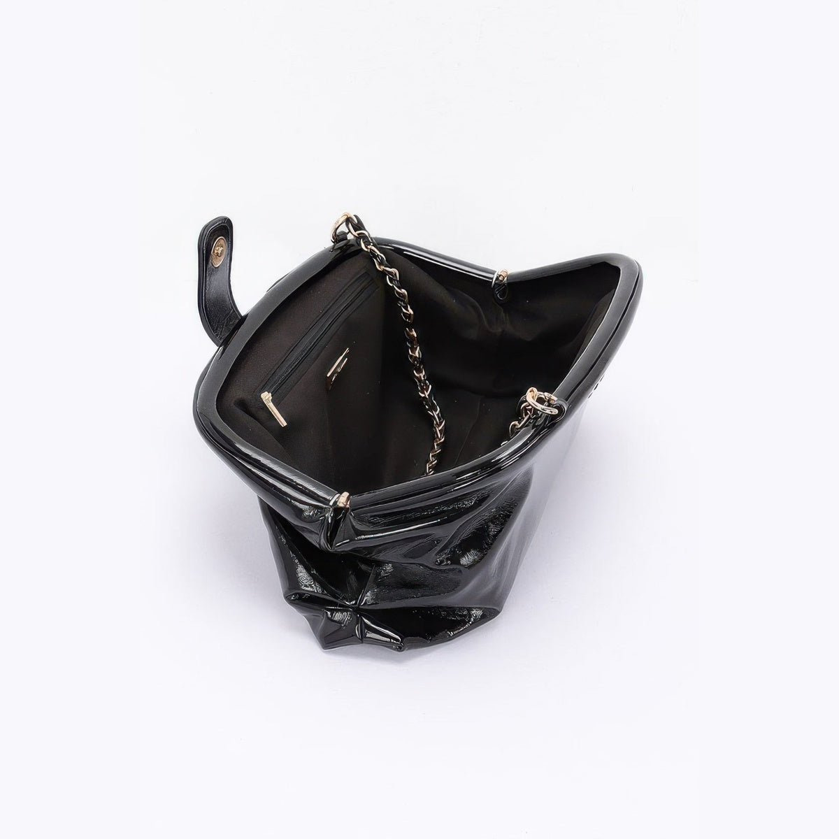 Glossy Frame Shoulder Bag in black, open interior view