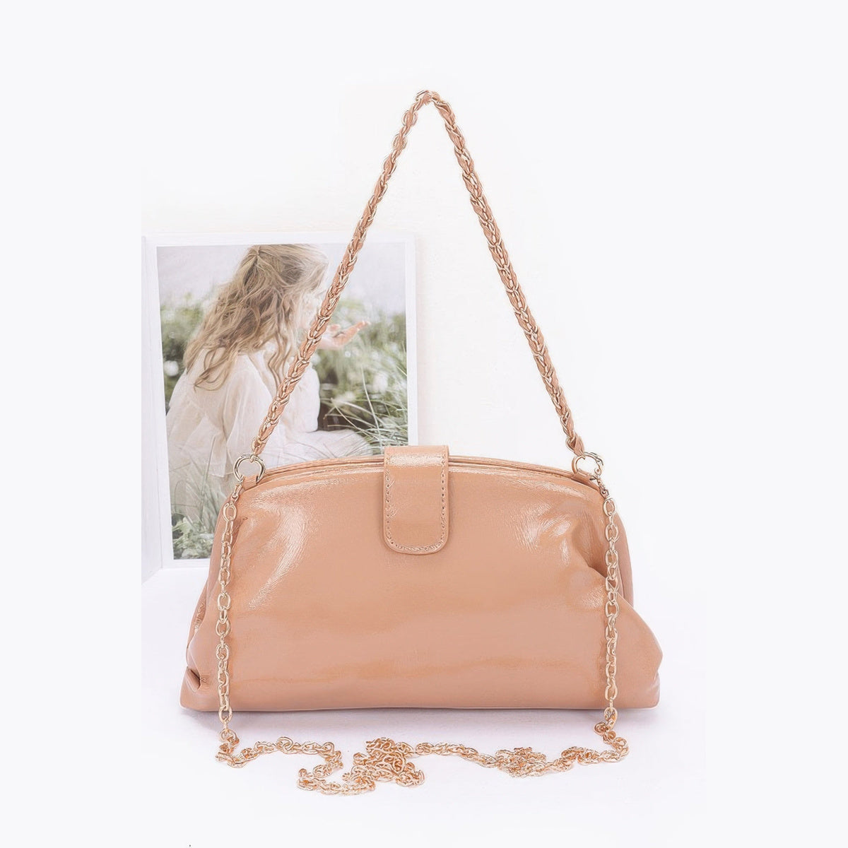Glossy Frame Shoulder Bag in beige, front view with chain strap