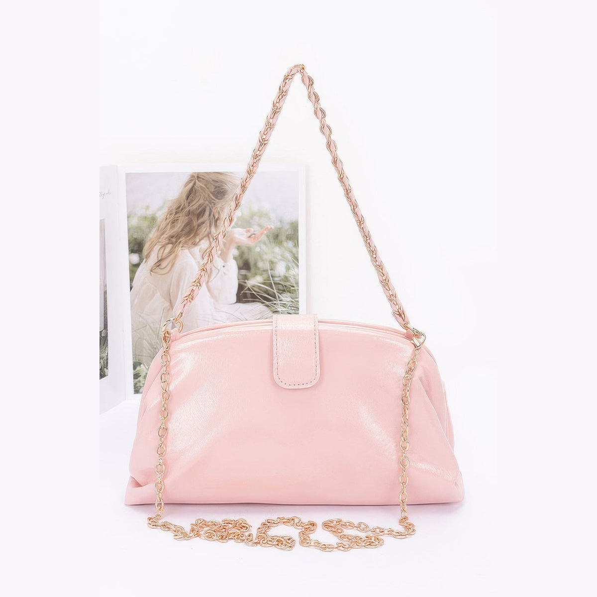 Glossy Frame Shoulder Bag in pink, front view with chain strap