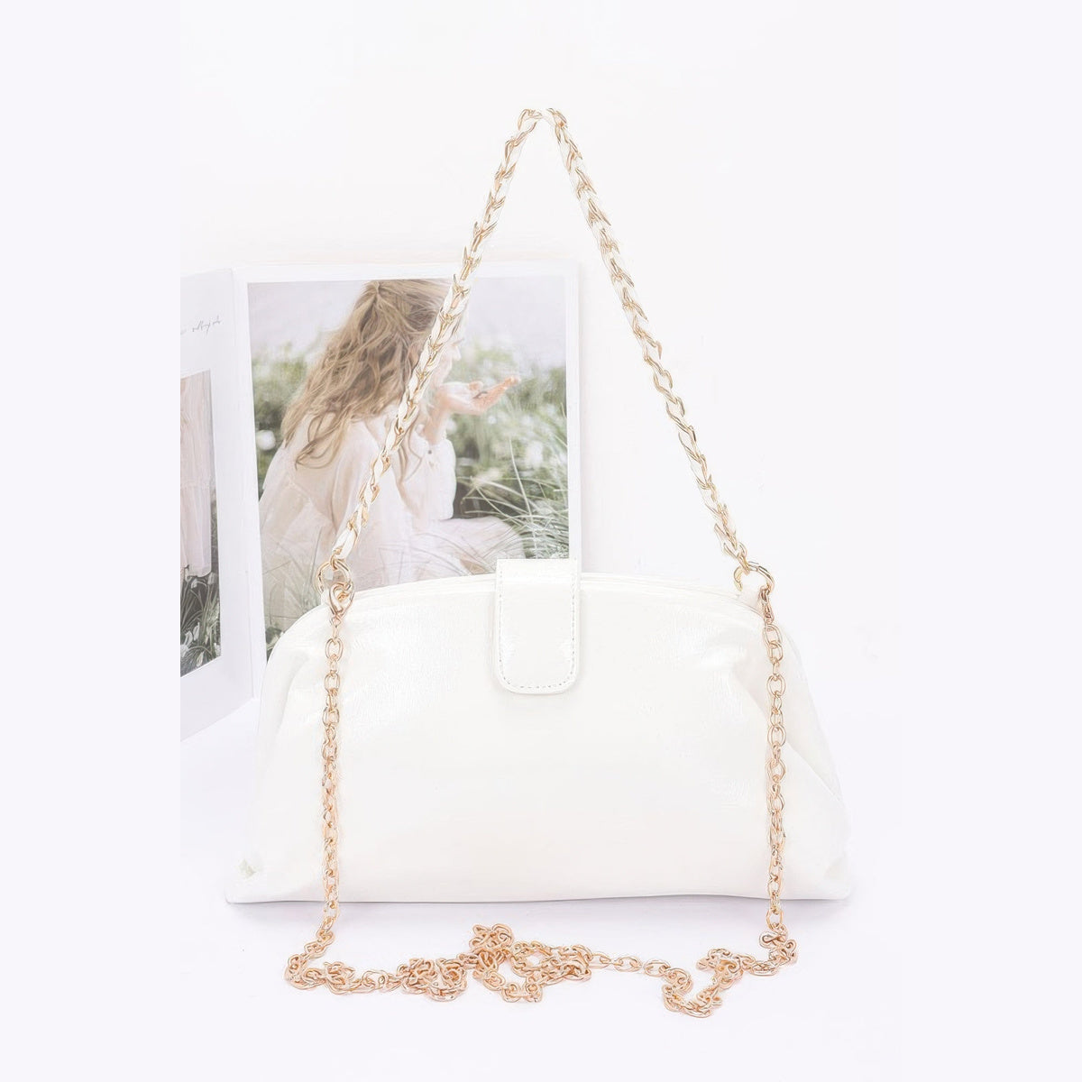 Glossy Frame Shoulder Bag in white, front view with chain strap
