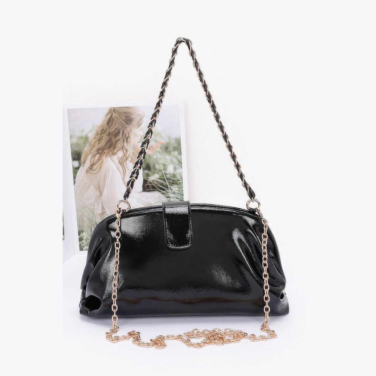 Glossy Frame Shoulder Bag in black, front view with chain strap