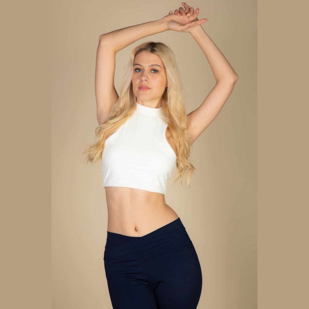 High-Neck Racerback Tank in white, front view