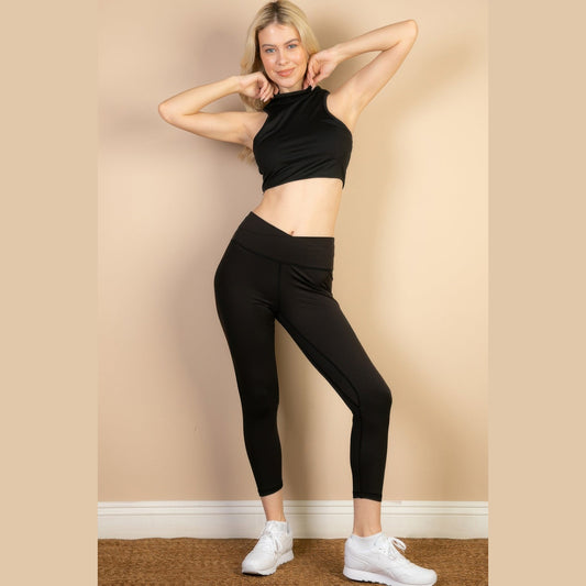 High-Neck Racerback Tank in black, full outfit
